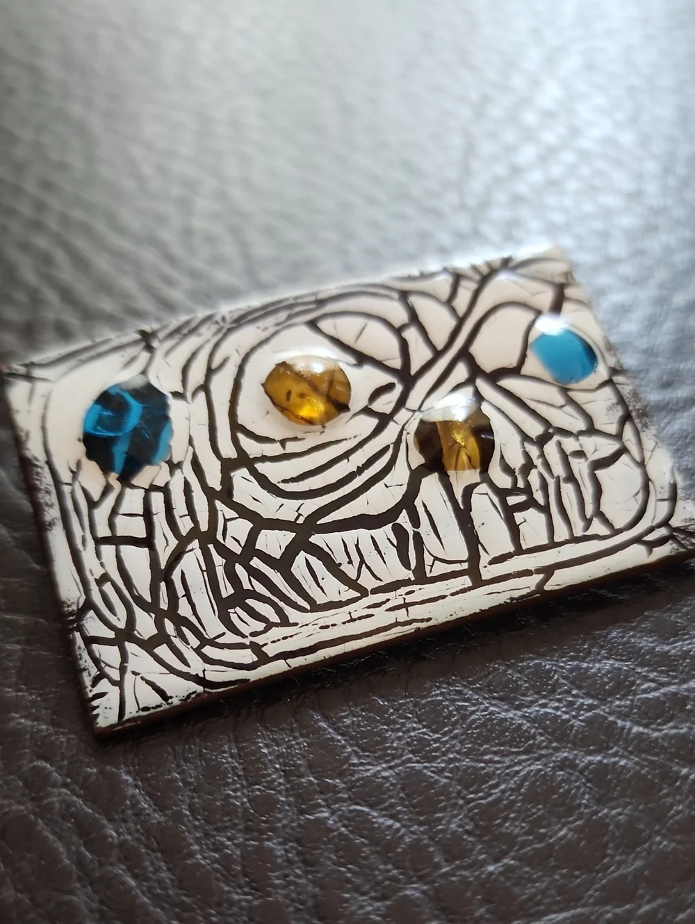 VTG White and Black Abstract Art Tile Brooch with Blue and Amber Accents